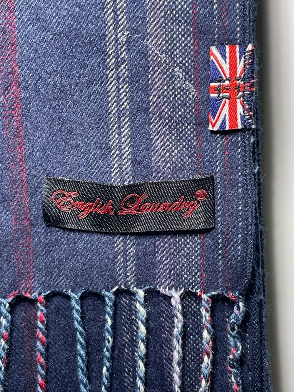 English Laundry 100% Silk Dark Navy Scarf with Gray and Red Stripes